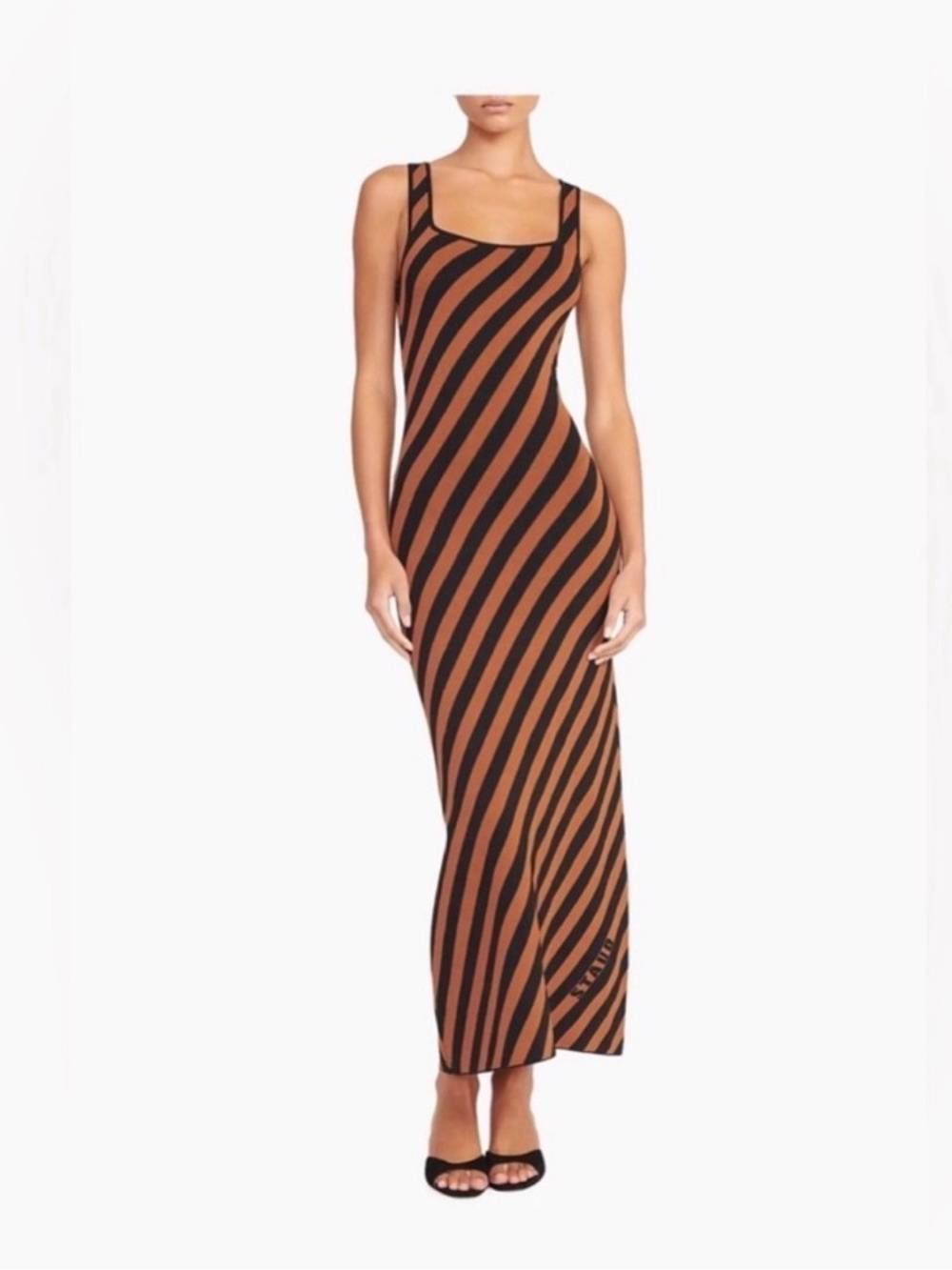 STAUD Diagonal Stripe Maxi Dress in Brown and Black
